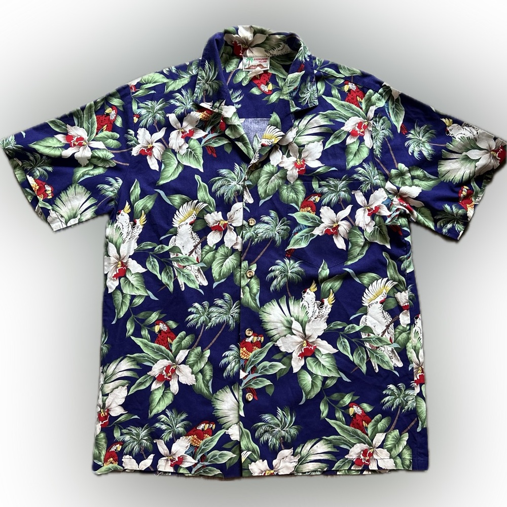 Evergreen Island Parrot Cockatoo Hawaiian Floral Short Sleeve 100% Cotton Blue M